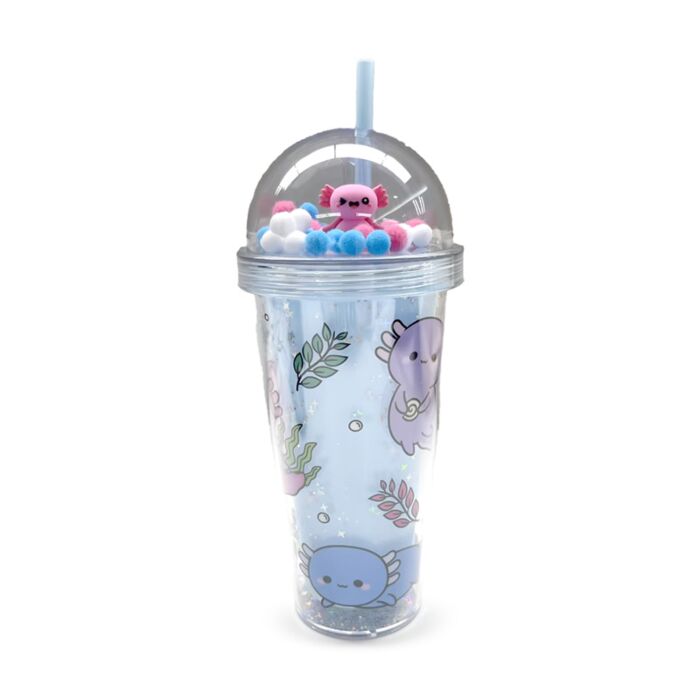 Bicchierone con Tappo con Decorazioni e Cannuccia - Maddie, l'Axolotl - Animali Dolci