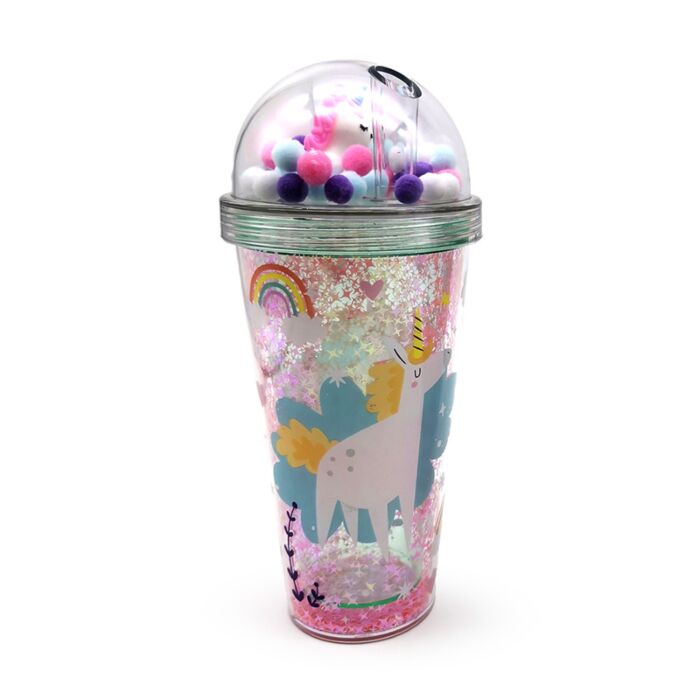 Bicchierone con Tappo con Decorazioni e Cannuccia - Magia dell'Unicorno