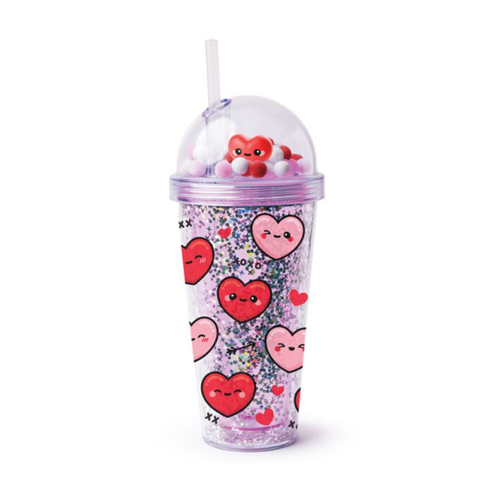 Bicchierone con Cannuccia e Decorazioni - Cuori - Amore