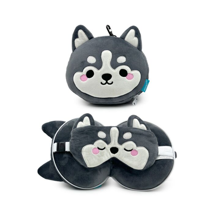 Cuscino da Viaggio con Maschera Relaxeazzz - Luna l'Husky - Animali della Montagna