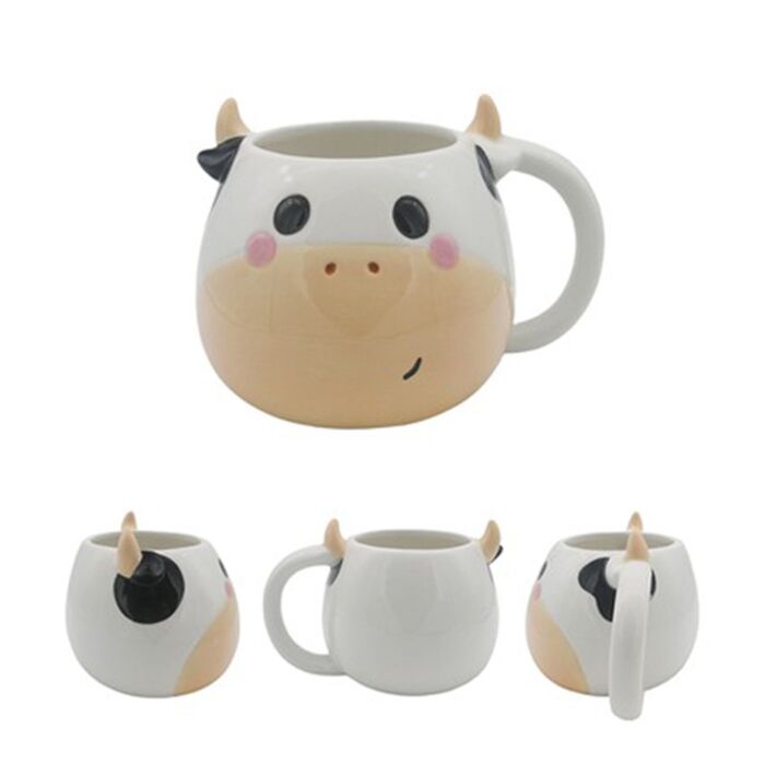 Tazza in Ceramica a Forma di Testa di Mucca Bianca e Nera