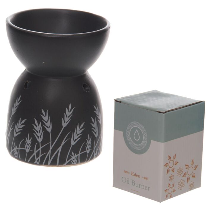 Brucia Essenze in ceramica - Nero con Fiori Bianchi