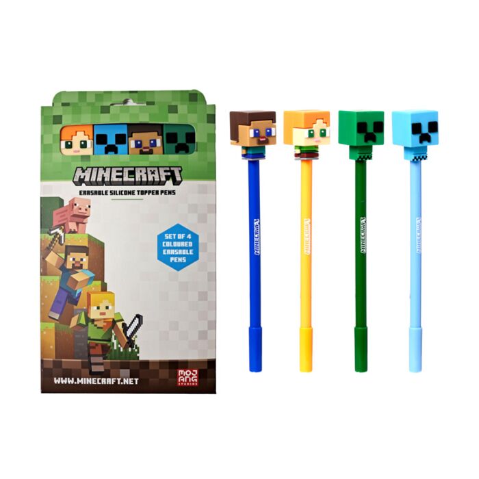 Set di 4 Penne Cancellabili con Copripenna in Silicone - Stile Chibi - Minecraft