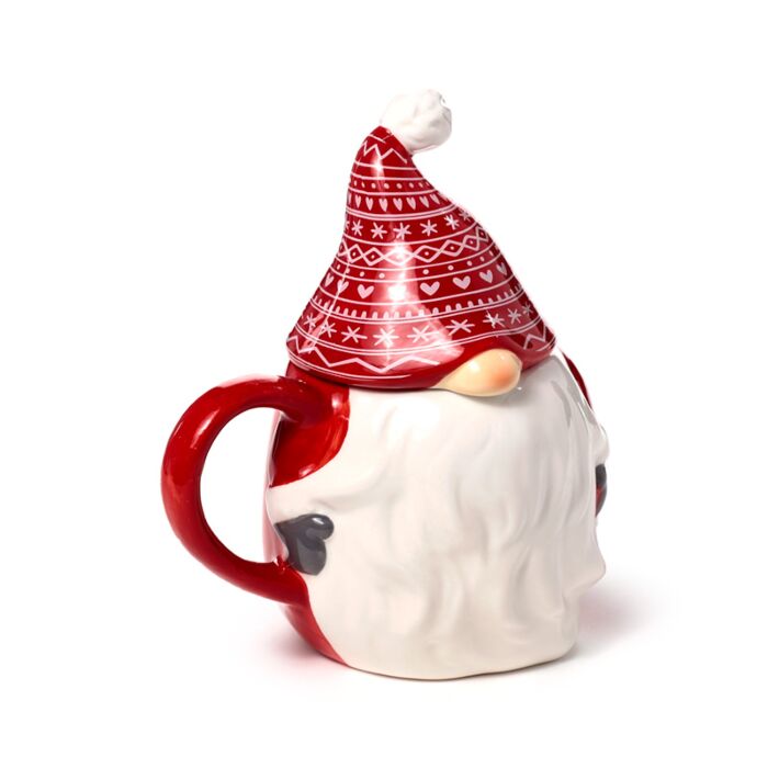 Tazza in Ceramica con Coperchio Sagomato - Gnomo Gonk - Natale Scandinavo