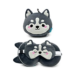 Cuscino da Viaggio con Maschera Relaxeazzz - Luna l'Husky - Animali della Montagna