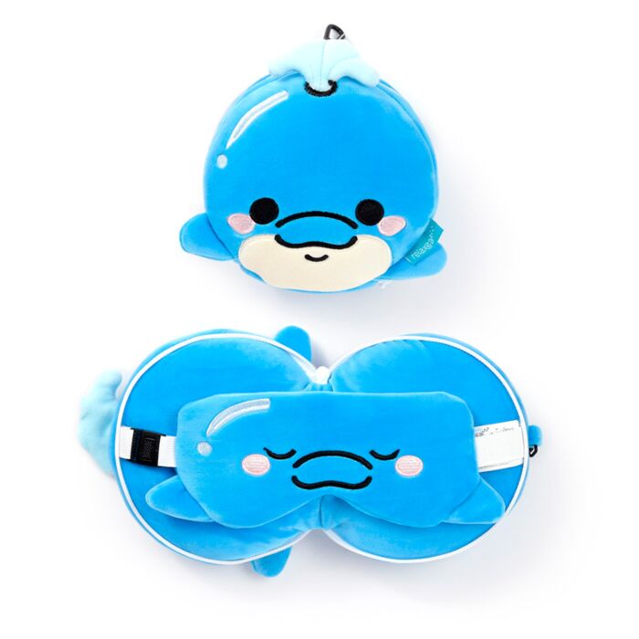 Cuscino da Viaggio con Maschera Relaxeazzz - Blu il Delfino - Animali Dolci