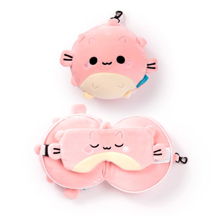 Cuscino da Viaggio con Maschera Relaxeazzz - Puff il Pesce Palla - Animali Dolci