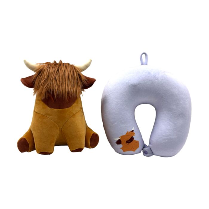 Cuscino da Viaggio con Peluche 2 in 1 - Bue Scozzese - Swapseazzz