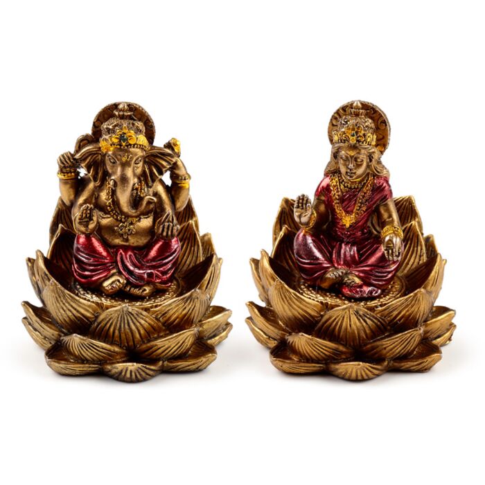 Set di 2 Decorazioni in Resina - Ganesh e Lakshmi - Oro - Loto