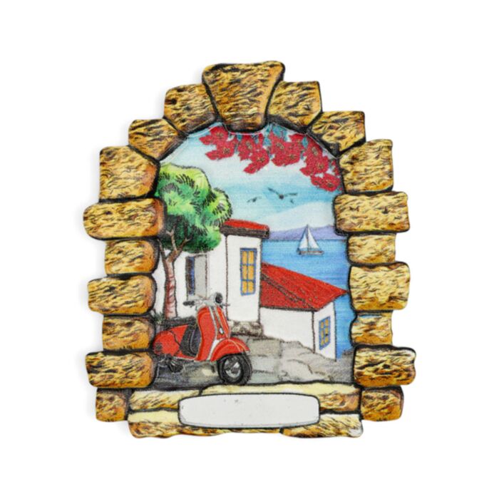 Magnete souvenir marino - Finestra in pietra con scooter