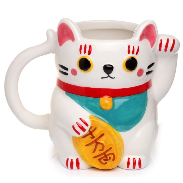 Tazza in Ceramica a Forma di Gatto Maneki Neko - Bianco
