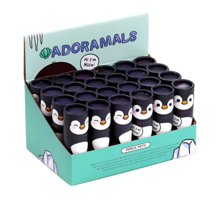 Tubo con Matite Colorate - 12 pezzi - Pinguino - Animali Dolci ADORAMALS