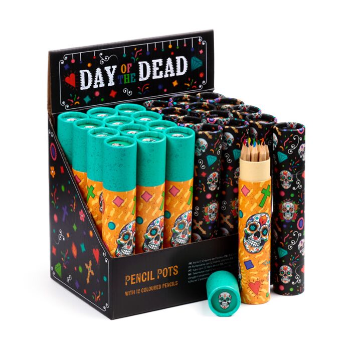Tubo con Matite Colorate - Grande - 12 pezzi - Teschio Messicano - Day of the Dead