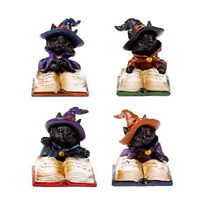 Gatto Nero con Cappello da Strega Legge il Libro degli Incantesimi Magici